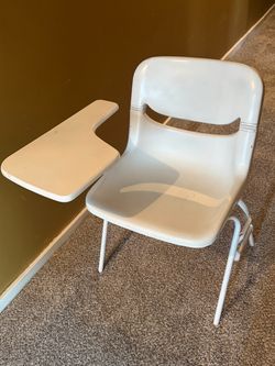 (6) White School Chairs with folding desk (6)