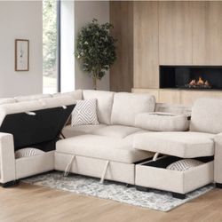 NEW IN BOX Free Delivery Beige U Shape Sectional With Sleeper And Storage