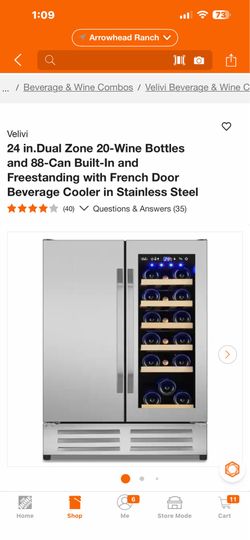 Velivi 24 in.Dual Zone 20-Wine Bottles and 88-Can Built-In and Freestanding with French Door Beverage Cooler in Stainless Steel