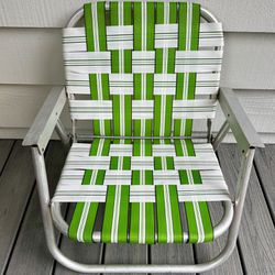 Vintage Aluminum folding webbed lawn/beach chair. Vintage camping ! 10” ground to the seat (off the ground ) back is ground to top 22”, width 22 1/4”.