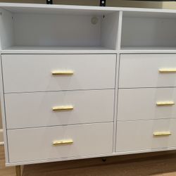 White Dresser 6 Drawers & 2 Shelves with Gold Handles