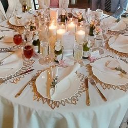Table Decor (Wedding or Home) - Gold Chargers, Coasters, Napkin Rings, Runners