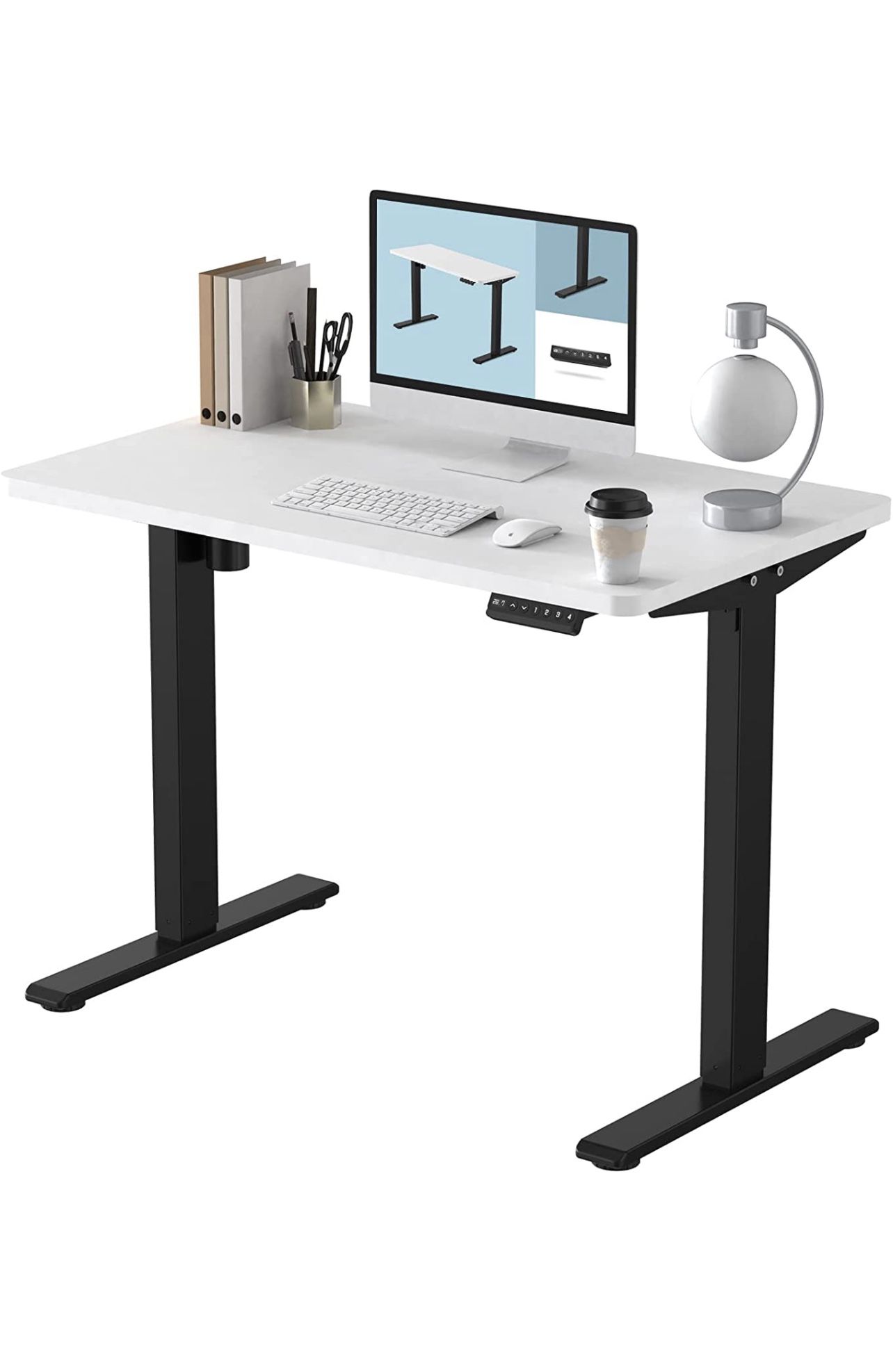 Standing Desk 40 Inches Whole-Piece Desktop with Memory Controller Electric Height Adjustable Stand Up Desk (Black Frame + White Top,
