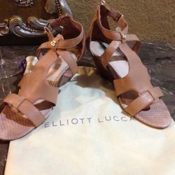 ELLIOTT LUCCA Tan Leather Wedge Sandals Zip Heel