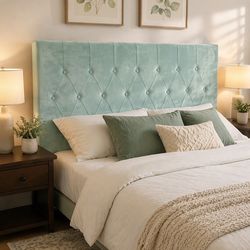 Queen Modern Velvet Tufted Headboard – Mint Green