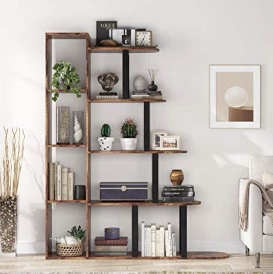 (NEW) 5 Tier Bookshelf Ladder Bookcase, Vintage Industrial Display Shelf Etagere Bookcase Open Shelves for Living Room or Office ( Wood & Metal) (Rust
