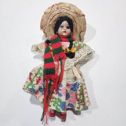 Vintage Mexican Doll 6" Dressed W/ Scarf And Hat.