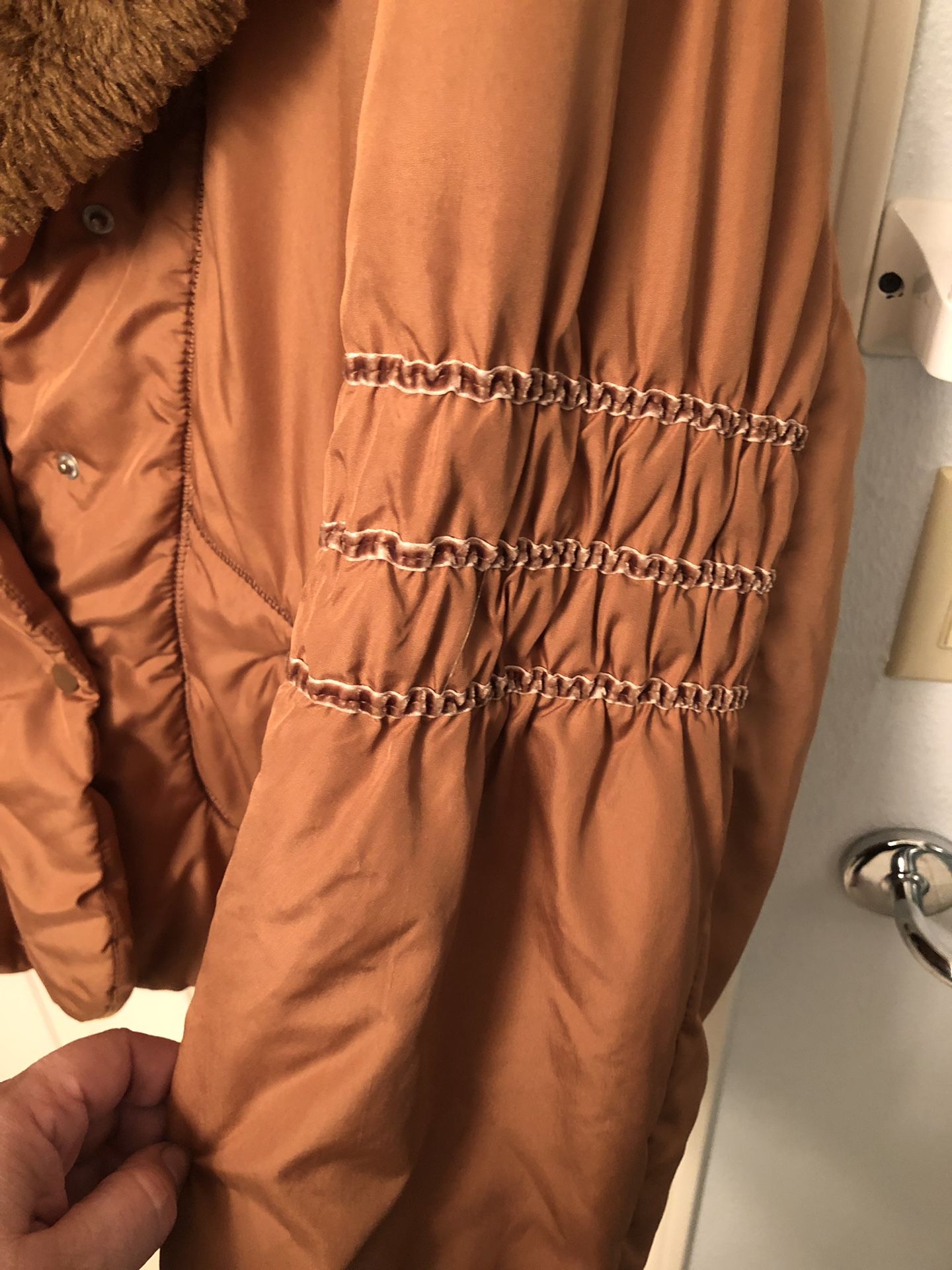 Brown nylon jacket with faux fur