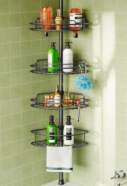 Corner Shower Caddy Tension Pole: 4-Tier Rust-Resistant Adjustable Bathroom Organizer Shelves - 47-121 Inch No-Drill Quick Installation - Space-Saving