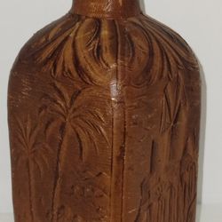 Antique Vintage Leather Wrapped Decanter Green Glass Liquor Bottle Tropical