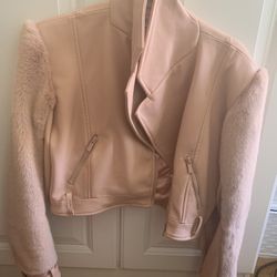 House Of CB Nali Pale Pink Cropped Biker Jacket With Faux Fur Sleeves