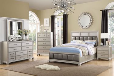 Brand new gray/silver queen bed frame + dresser + mirror + nightstand