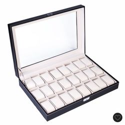 Slickblue Black Faux Leather Watch Box with 24 Compartments, Top-Opening Organizer for Watch Collection