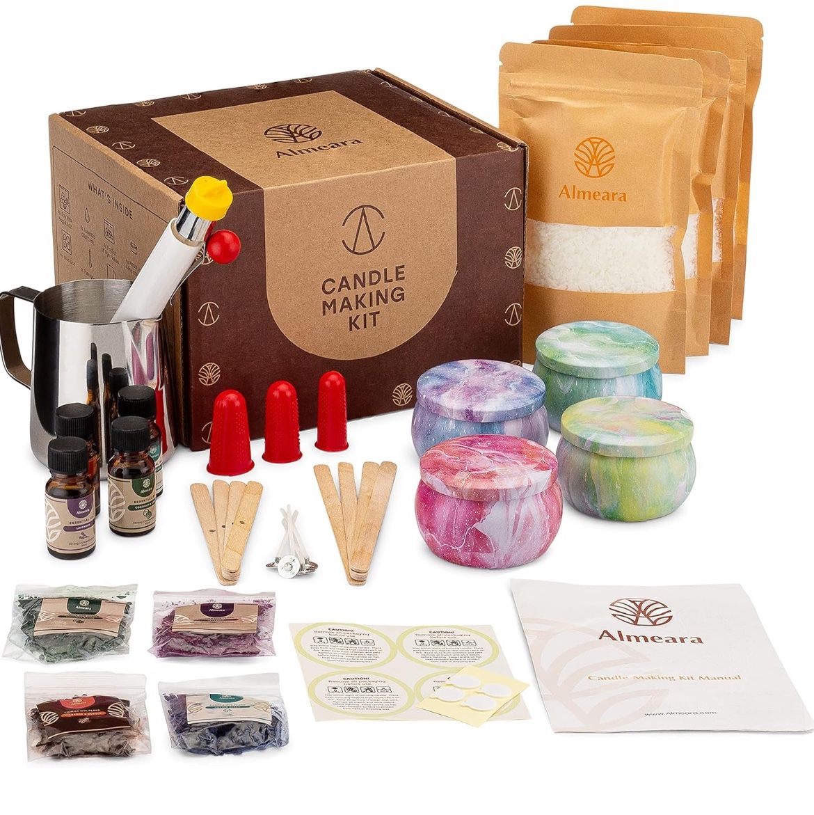 Almeara Candle Making Kit - DIY Soy Wax Candle Making Supplies - Art & Craft Starter Scented Candles Making Set with Essential Oils, Stainless Steel P