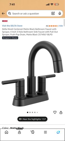 Delta Nicoli Centerset Matte Black Bathroom Faucet with Sprayer, 4 Inch 3 Hole Bathroom Sink Faucet with Pull Out Sprayer, Push-Pop Drain, Matte Black