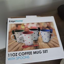 11 Oz Coffee Mug Set X4 W Spoons, New