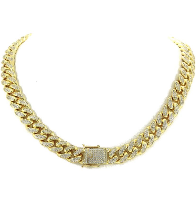 12mm 24 Inch Miami Cuban Link Chain - 25ct TW VVS Lab Diamonds - 14k Gold Plated Stainless Steel - Iced Bling