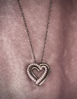 Signed H 925 Sterling Silver Double Heart CZ Pendant & BGE 925 Chain Necklace