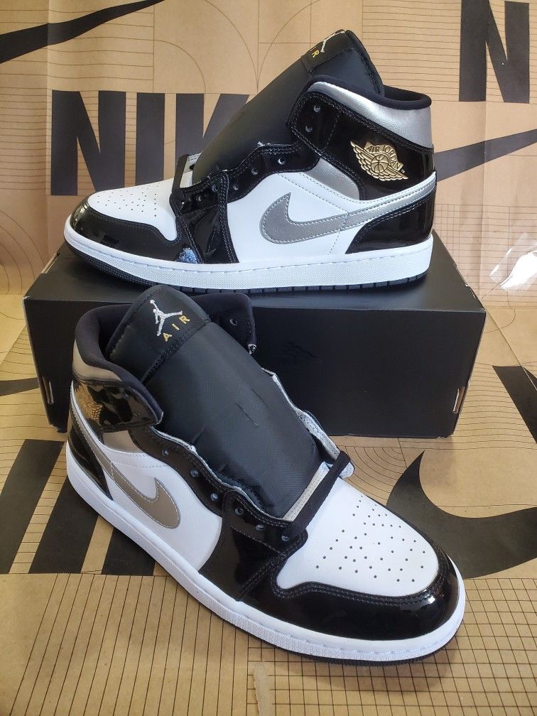 Nike Air Jordan Mid SE Black Patent Metallic Silver White Men's