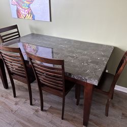 Faux Marble Dining Room Table and Four Wood Chairs 64x38x30.5” 