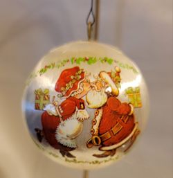 Vintage Satin Ball Christmas Ornament Santa kissing Mrs Claus