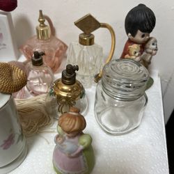 11 VINTAGE PERFUME BOTTLES &TWO NEW DOG FRAMES AND TWO FIGURES 