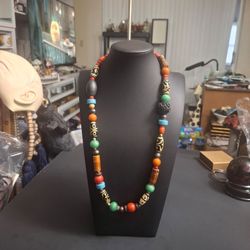 Vintage Boho Tribal DZI Bead & Rudraksha Seed Necklace, Very Good Condition