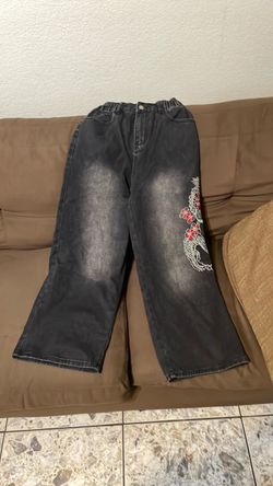 Dark Wash Jeans with Dragon Floral Embroidery