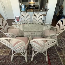 Rattan/Bamboo Glass Dining Table Set