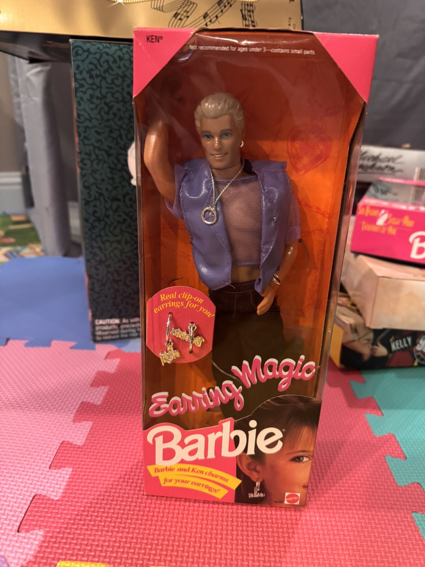 Vintage Earring Magic Ken Doll 1992 Mattel #2290 NRFB+Real ClipOn Earrings Charm