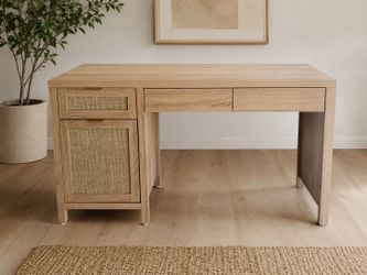 SICOTAS 55" Rattan Desk with 3 Drawers - Wood Office Computer