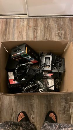 Box full of pc cables fans and other random hardware