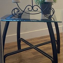 Two Glass And Brown End Tables 