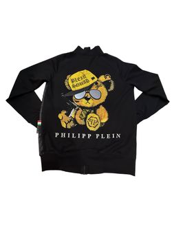 Philipp Plein Black Leather Bomber Jacket with Teddy Bear