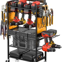 Power Tool Organizer Cart – Charging Station, Pegboard, Drill Holders, Rolling Garage Storage – Great Condition