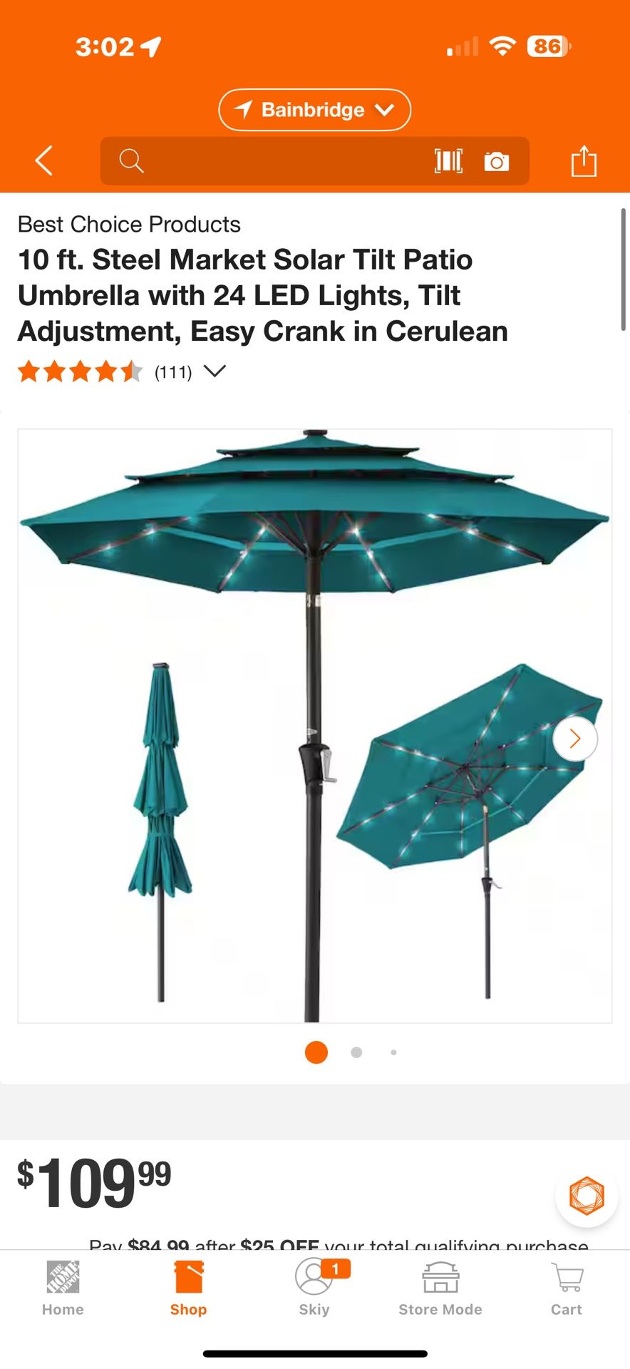10ft Blue LED Patio Umbrella