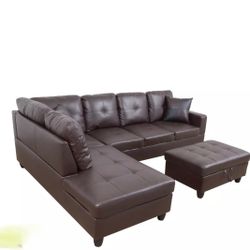 Espresso Sectional Sofa Couch with Ottoman 
