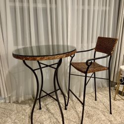Glass Wicker Iron Bar Table And Stool 
