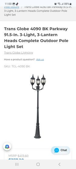 Trans Globe 4090 BK Parkway 91.5-In. 3-Light, 3-Lantern Heads Complete Outdoor Pole Light Set