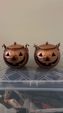 Halloween -Copper Metal Jack-O-Lantern Cauldrons Set of 2