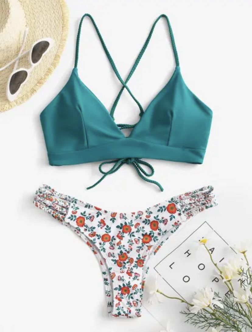 NEW w/ tags - New Bikini | Flower Bikini | White Bikini | Sexy Bikini | Cheeky Bikini Bottoms | Teal Bikini | Criss Cross Strap Bikini