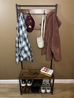Rustic Brown Coat Rack Hall Tree with Shoe Storage Bench
