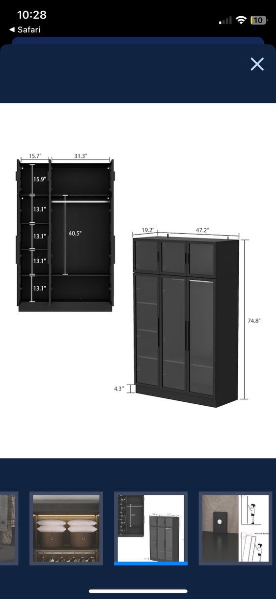 Contemporary 6-Door Wardrobe with Hanging Area and Open Shelves, Black Finish, Tempered Glass Doors, LED Light Belt