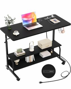 39” Black Rolling Desk with Shelves / Charging station