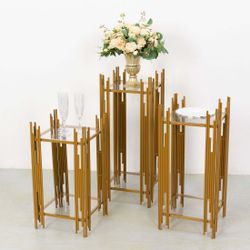 Set of 3 Metal Plinth Stands 26",30",34" Gold Square Acrylic Plates - Wedding Cake Table or Flower Display