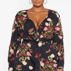 Plus Black Floral Printed Satin Long Sleeve Wrap Dress