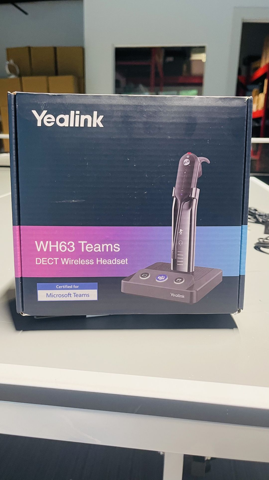Yealink WH63 Teams DECT Wireless Headset. Has noise reduction and wireless freedom. Up to 7 hours talk time and 54 hours standby time. Compatible with
