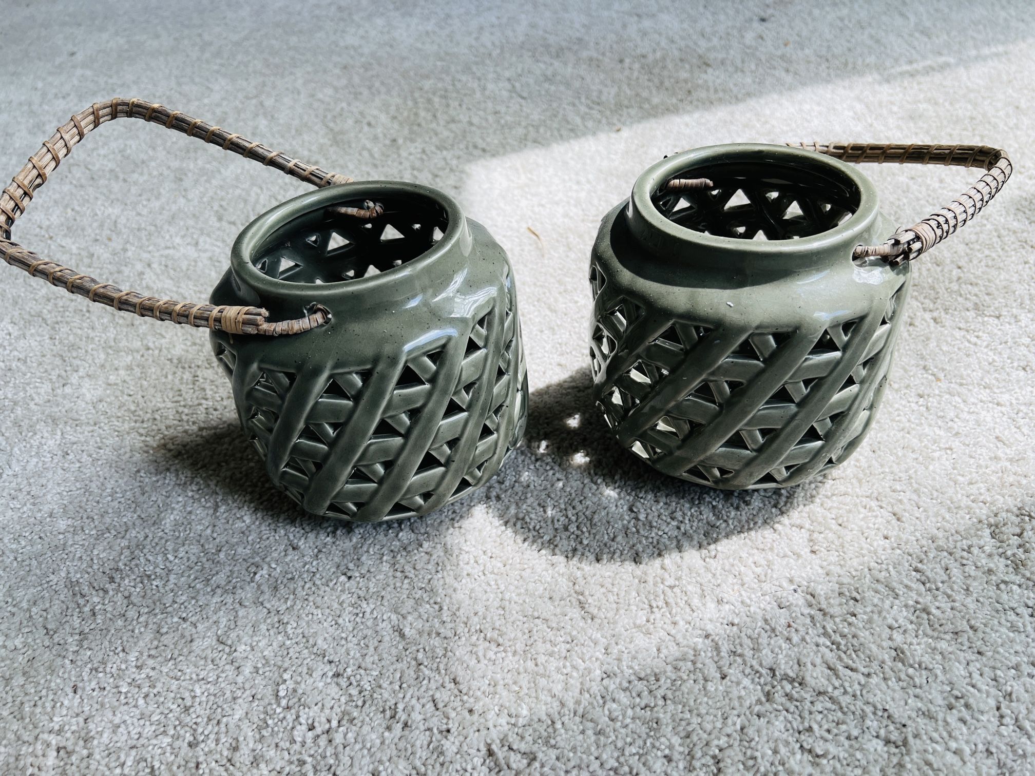 Threshold Cream Ceramic Basketweave Lantern Candle Holder Jute Handle