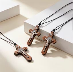 Wood Crucifix Cross Pendant Necklaces – Set of 3
