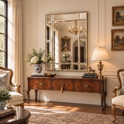 Large Vintage Hollywood Regency Beveled Brass Panel Mirror 48” x 36”